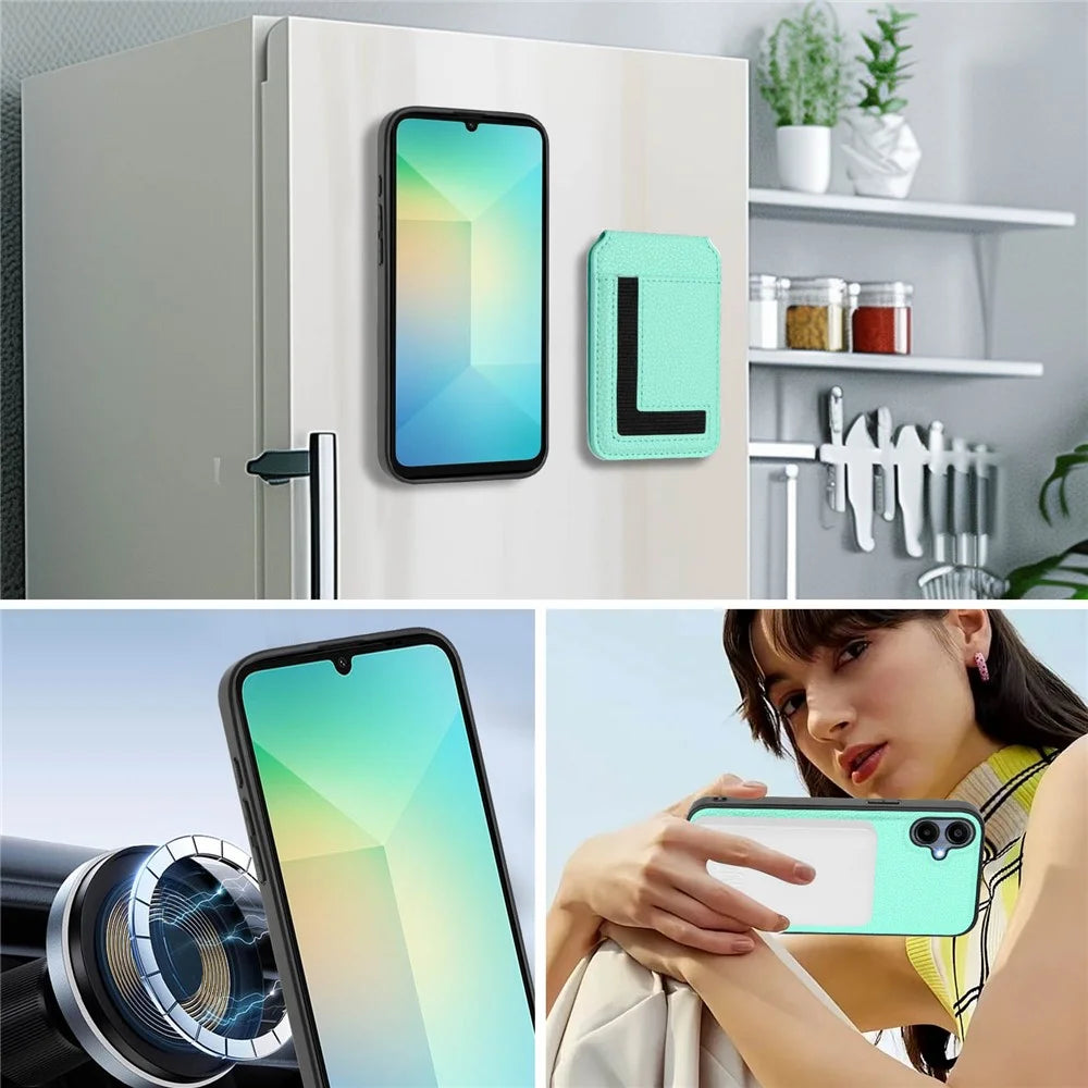 For Samsung Galaxy A05 4G Magnetic Case TPU + PU Leather Phone Back Cover with Detachable Card Holder - Mint Green - 7