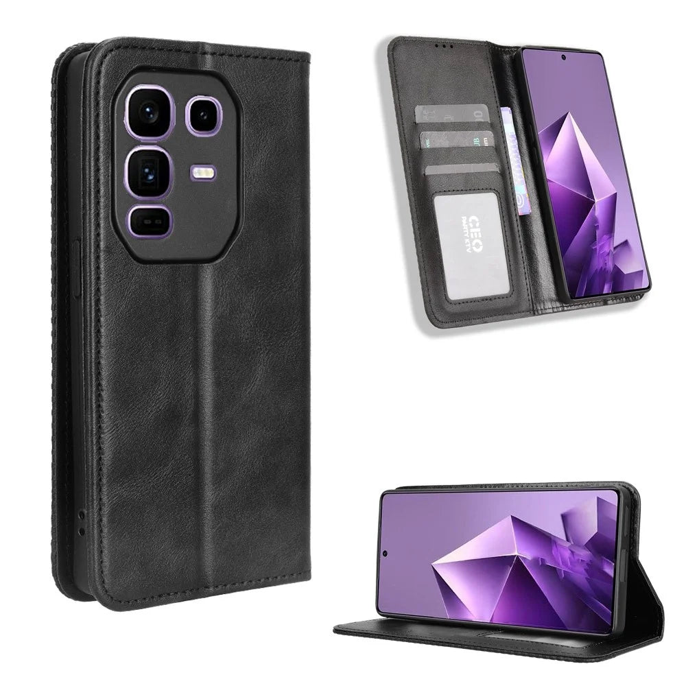 For Infinix Note 50 Pro+ 5G Leather Case Wallet Stand Retro Texture Phone Cover - Black - 1