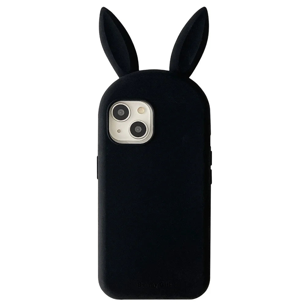 For iPhone 15 Silicone Case Cute Rabbit Ear Design Shockproof Phone Back Cover - Black - 1