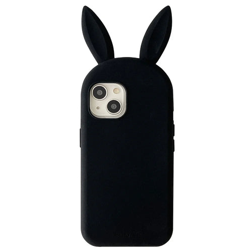 For iPhone 15 Silicone Case Cute Rabbit Ear Design Shockproof Phone Back Cover - Black - 1