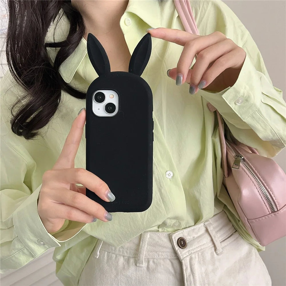 For iPhone 15 Silicone Case Cute Rabbit Ear Design Shockproof Phone Back Cover - Black - 2