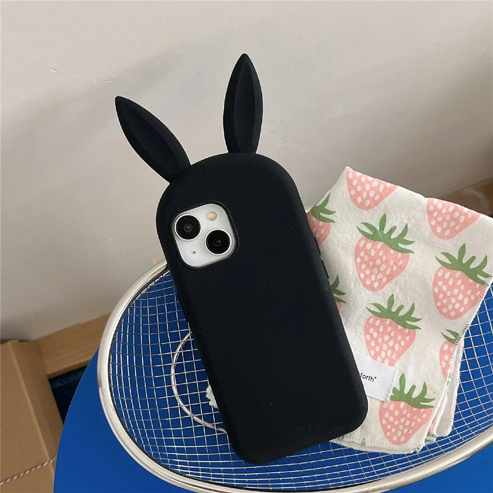 For iPhone 15 Silicone Case Cute Rabbit Ear Design Shockproof Phone Back Cover - Black - 3