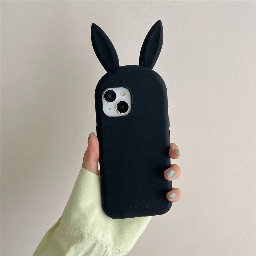 For iPhone 15 Silicone Case Cute Rabbit Ear Design Shockproof Phone Back Cover - Black - 4