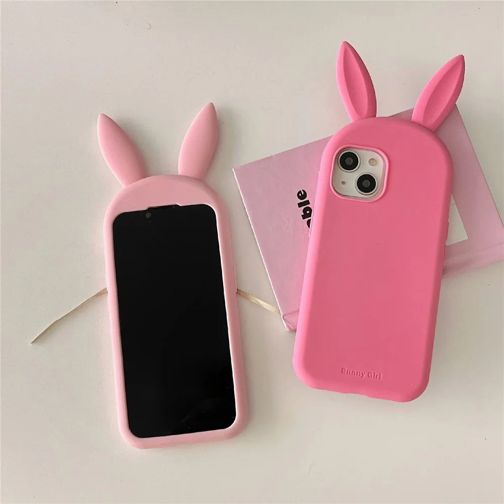 For iPhone 15 Silicone Case Cute Rabbit Ear Design Shockproof Phone Back Cover - Black - 5