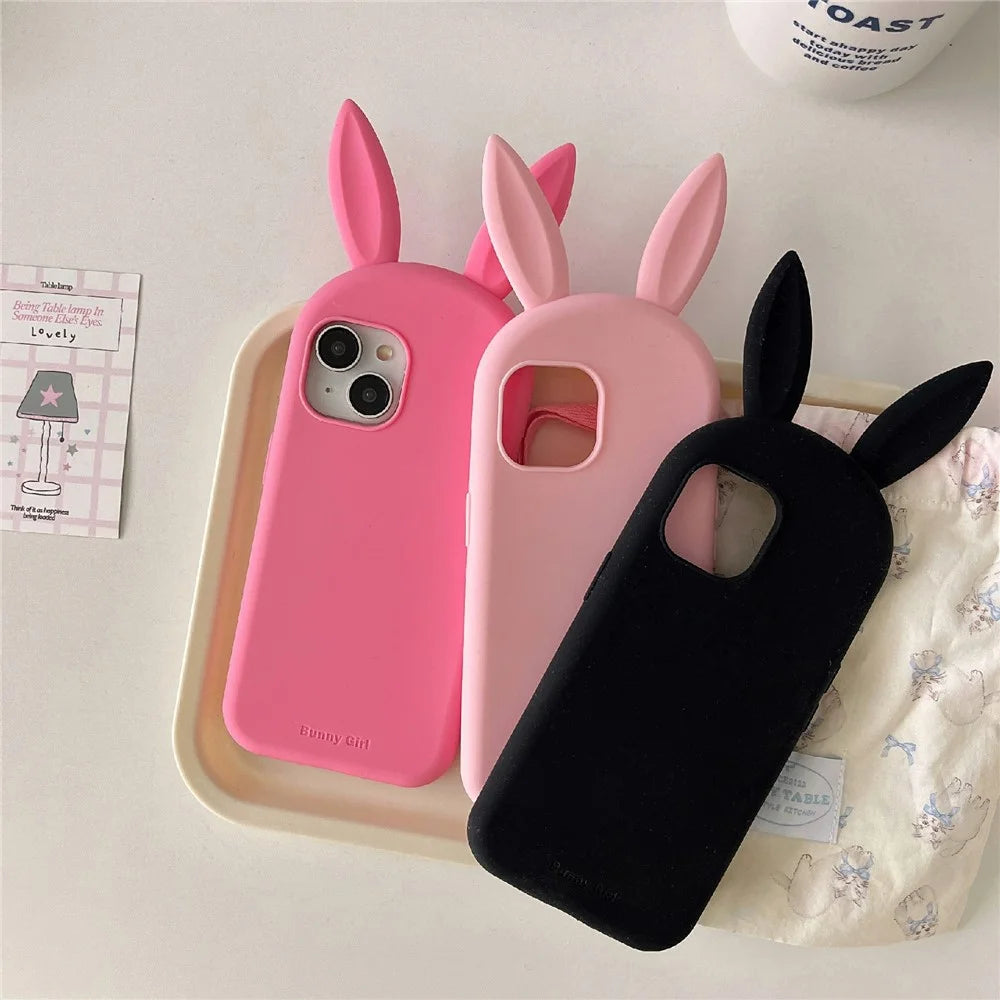 For iPhone 15 Silicone Case Cute Rabbit Ear Design Shockproof Phone Back Cover - Black - 6