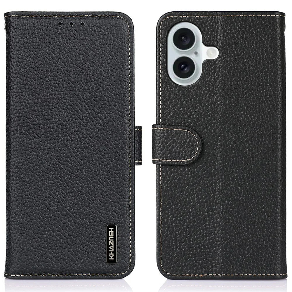 KHAZNEH For iPhone 17 Case Litchi Texture Genuine Cow Leather Flip Phone Cover - Black - 1