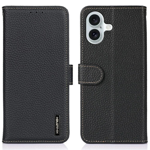 KHAZNEH For iPhone 17 Case Litchi Texture Genuine Cow Leather Flip Phone Cover - Black - 1