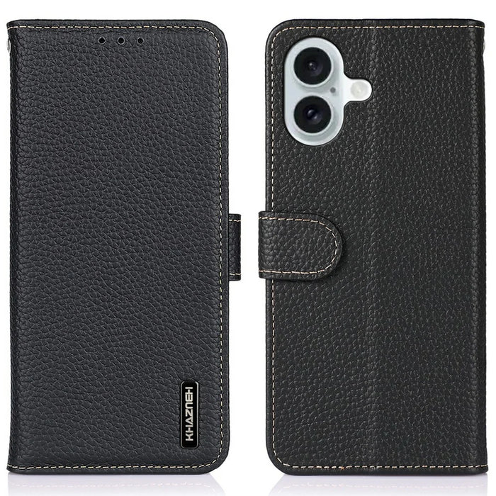 KHAZNEH For iPhone 17 Case Litchi Texture Genuine Cow Leather Flip Phone Cover - Black - 1