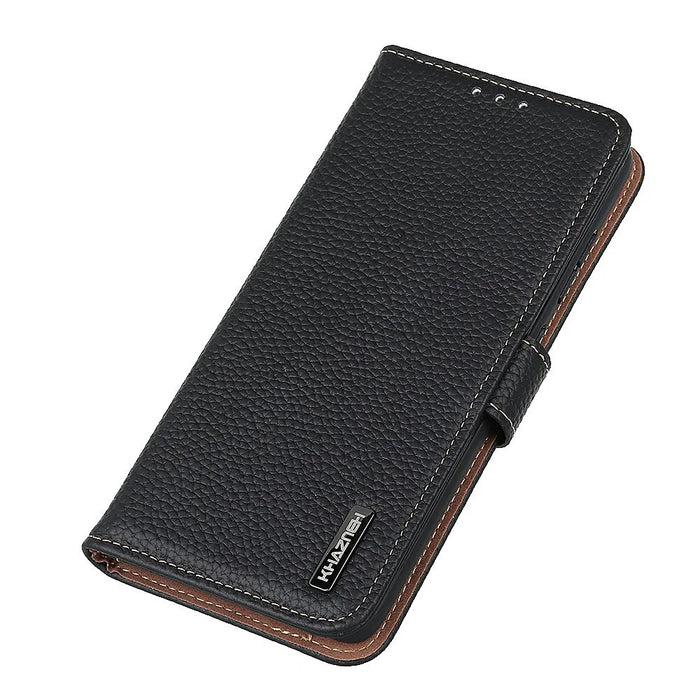 KHAZNEH For iPhone 17 Case Litchi Texture Genuine Cow Leather Flip Phone Cover - Black - 4