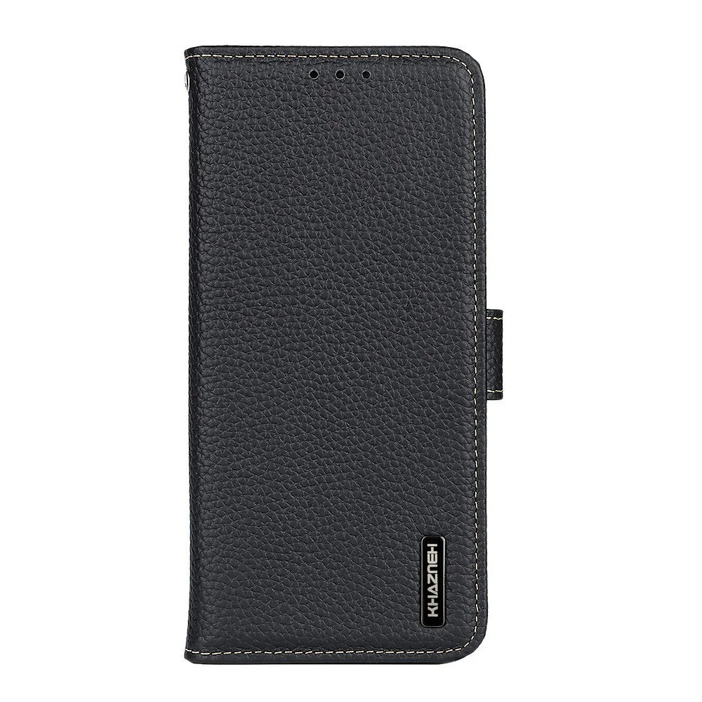 KHAZNEH For iPhone 17 Case Litchi Texture Genuine Cow Leather Flip Phone Cover - Black - 6