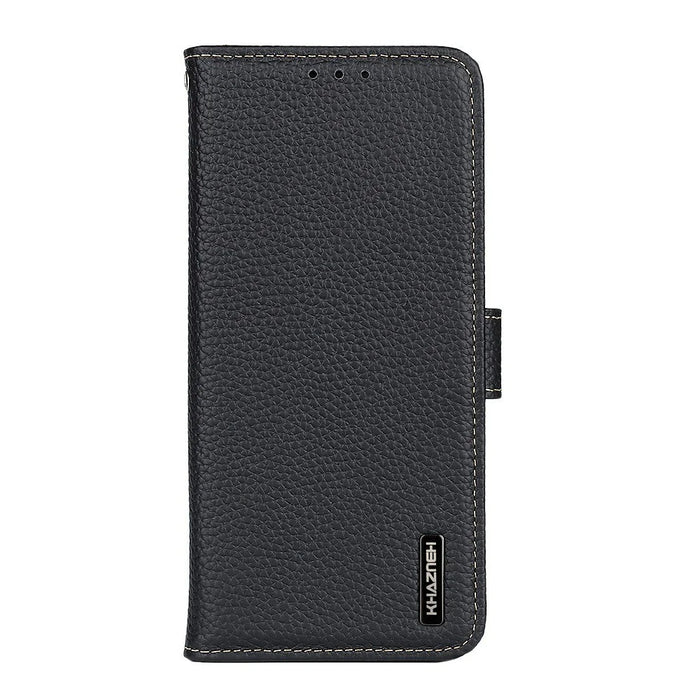KHAZNEH For iPhone 17 Case Litchi Texture Genuine Cow Leather Flip Phone Cover - Black - 6