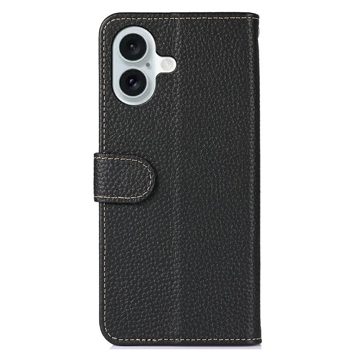 KHAZNEH For iPhone 17 Case Litchi Texture Genuine Cow Leather Flip Phone Cover - Black - 7