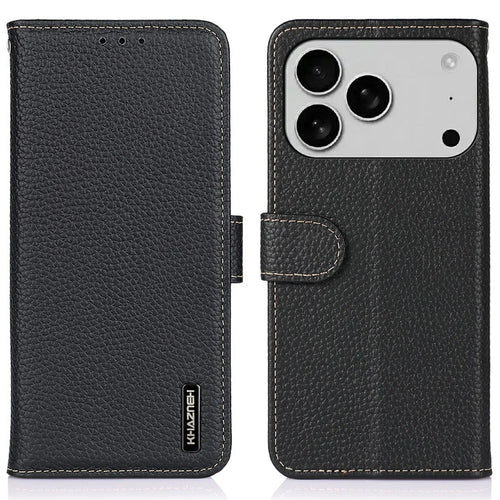 KHAZNEH For iPhone 18 Pro Max / 17 Pro Max Case Litchi Texture Genuine Cow Leather Flip Phone Cover - Black - 1