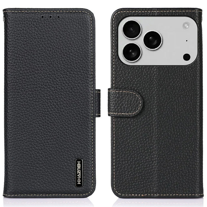 KHAZNEH For iPhone 18 Pro Max / 17 Pro Max Case Litchi Texture Genuine Cow Leather Flip Phone Cover - Black - 1