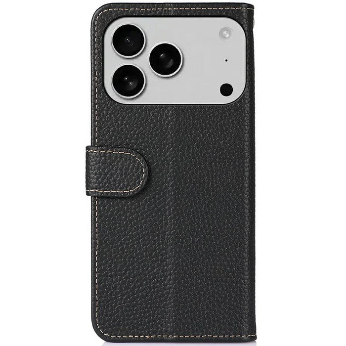 KHAZNEH For iPhone 18 Pro Max / 17 Pro Max Case Litchi Texture Genuine Cow Leather Flip Phone Cover - Black - 7