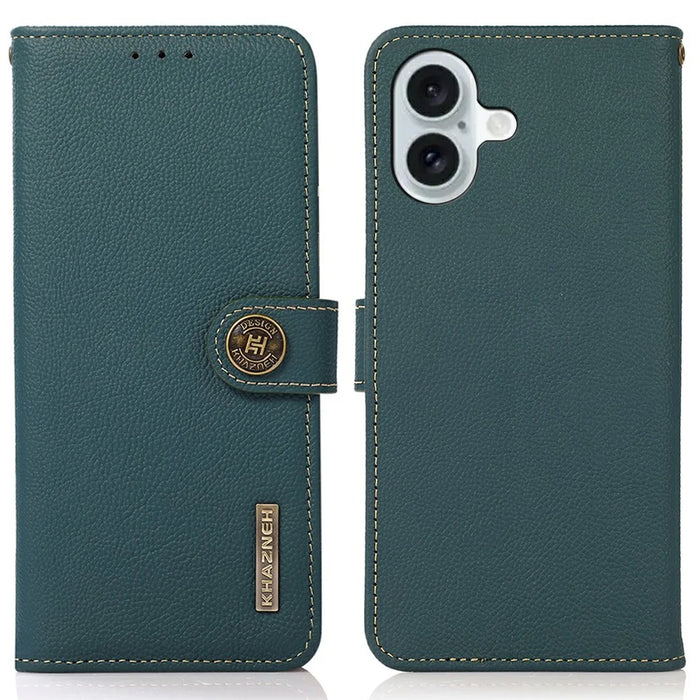 KHAZNEH for iPhone 17 Case Genuine Cow Leather RFID Blocking Wallet Phone Cover - Green - 1