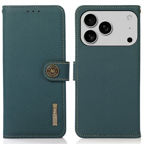 KHAZNEH for iPhone 18 Pro / 17 Pro Case Genuine Cow Leather RFID Blocking Wallet Phone Cover - Green - 1