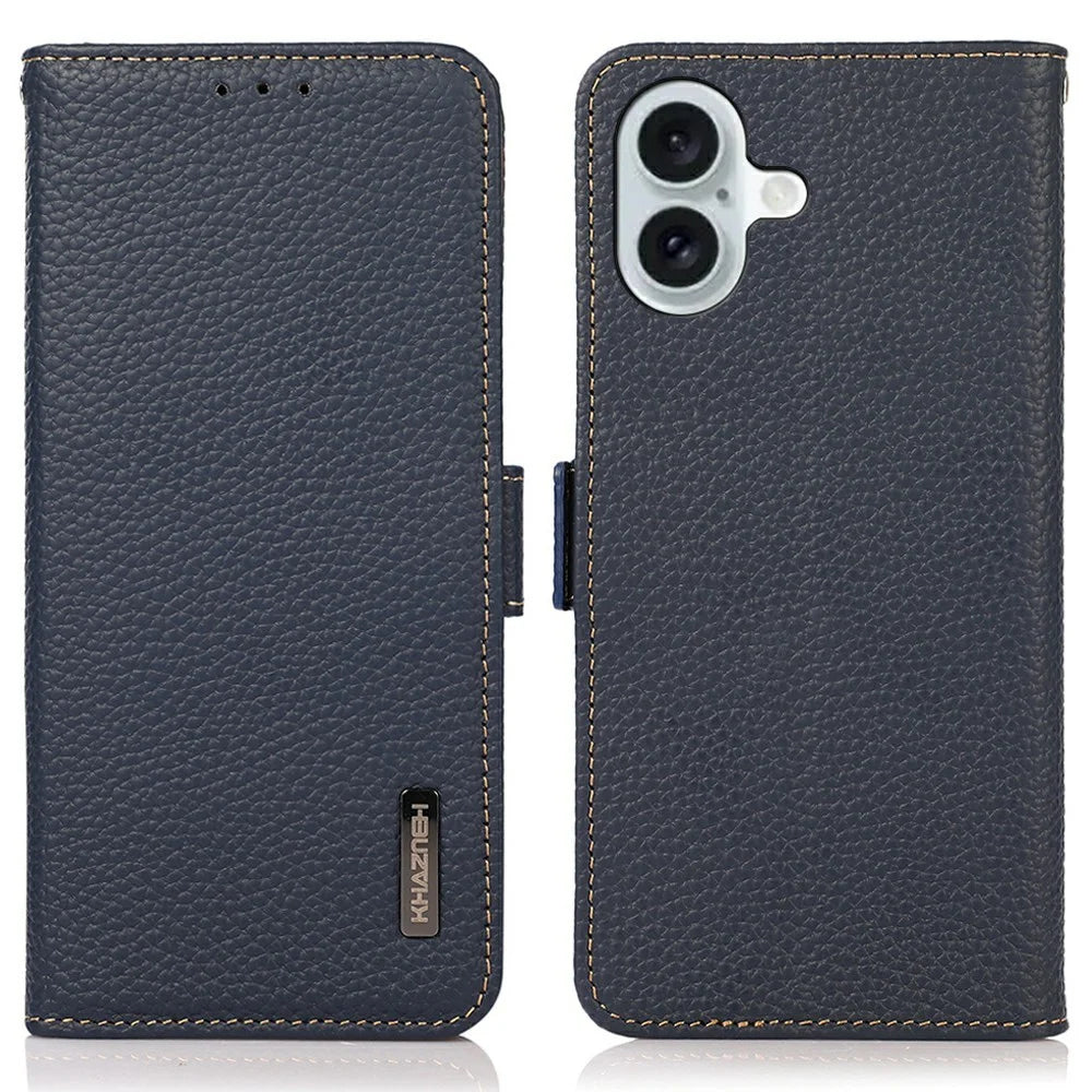 KHAZNEH for iPhone 17 Phone Case RFID Blocking Wallet Litchi Texture Genuine Cow Leather Cover - Blue - 1