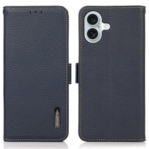 KHAZNEH for iPhone 17 Phone Case RFID Blocking Wallet Litchi Texture Genuine Cow Leather Cover - Blue - 1