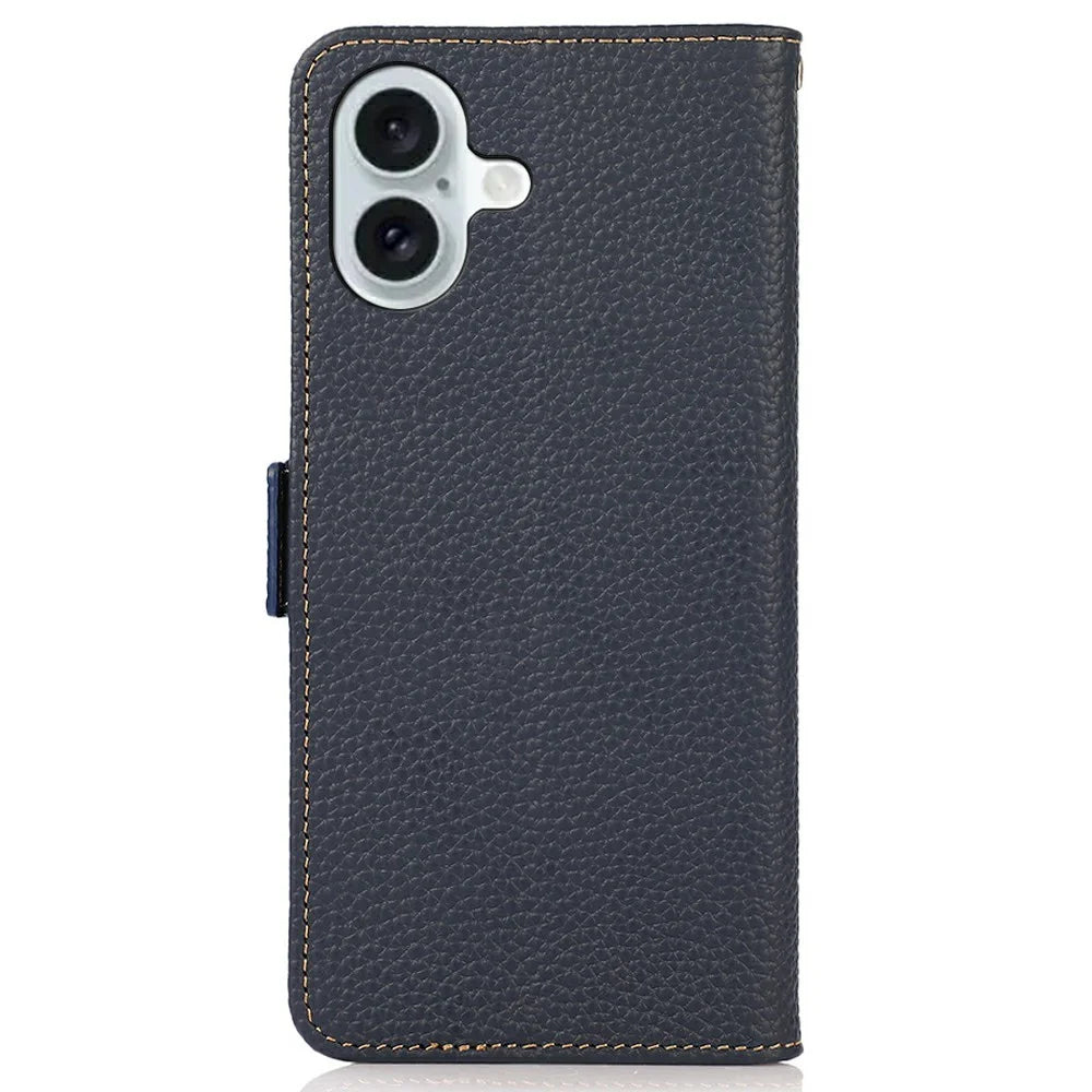KHAZNEH for iPhone 17 Phone Case RFID Blocking Wallet Litchi Texture Genuine Cow Leather Cover - Blue - 7
