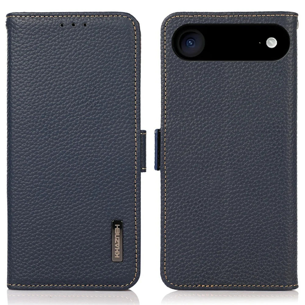 KHAZNEH for iPhone Air Phone Case RFID Blocking Wallet Litchi Texture Genuine Cow Leather Cover - Blue - 1