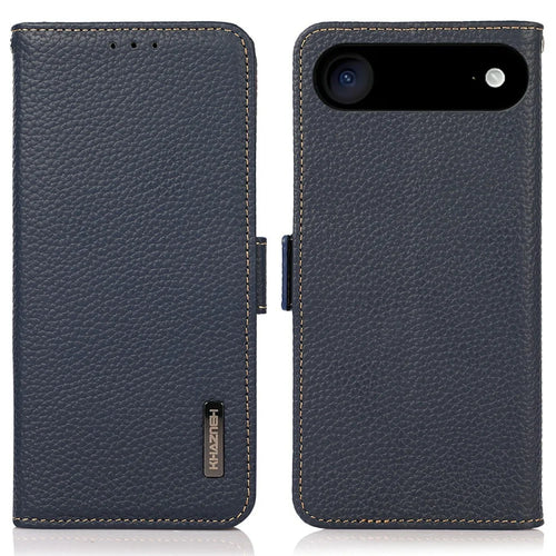 KHAZNEH for iPhone Air Phone Case RFID Blocking Wallet Litchi Texture Genuine Cow Leather Cover - Blue - 1