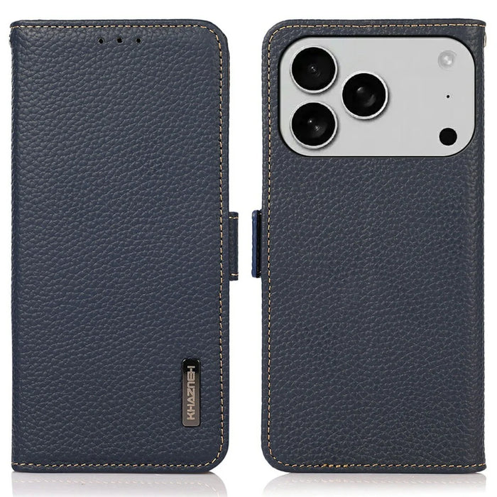 KHAZNEH for iPhone 18 Pro / 17 Pro Phone Case RFID Blocking Wallet Litchi Texture Genuine Cow Leather Cover - Blue - 1
