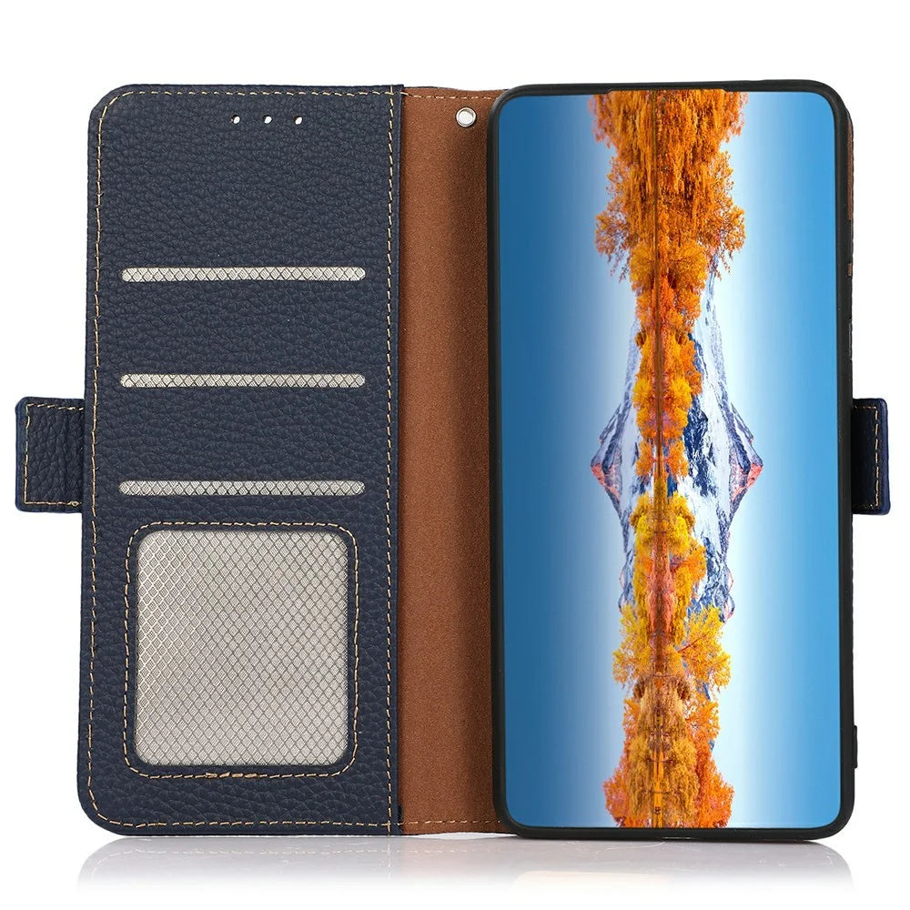 KHAZNEH for iPhone 18 Pro / 17 Pro Phone Case RFID Blocking Wallet Litchi Texture Genuine Cow Leather Cover - Blue - 4