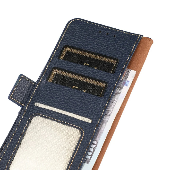KHAZNEH for iPhone 18 Pro / 17 Pro Phone Case RFID Blocking Wallet Litchi Texture Genuine Cow Leather Cover - Blue - 5