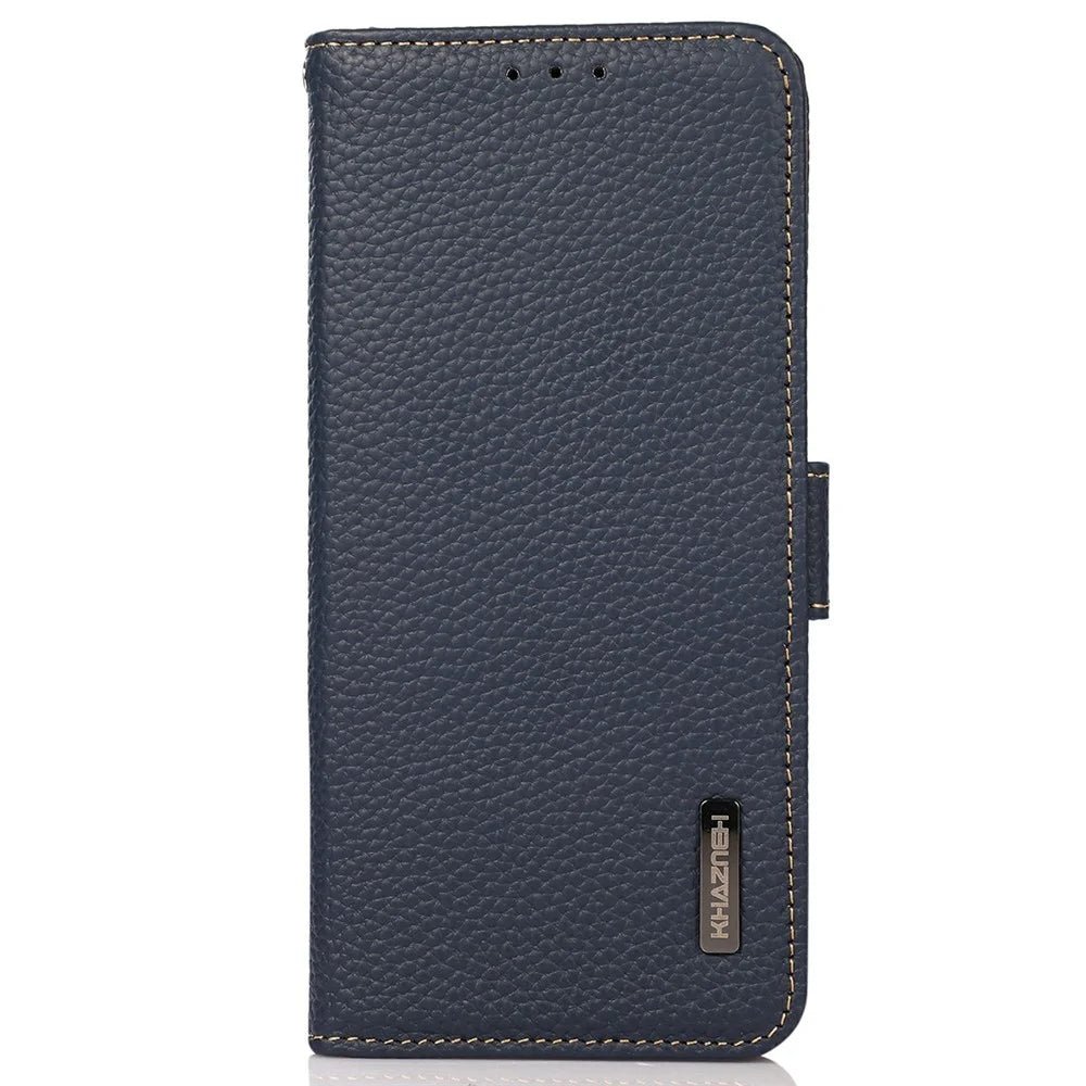 KHAZNEH for iPhone 18 Pro / 17 Pro Phone Case RFID Blocking Wallet Litchi Texture Genuine Cow Leather Cover - Blue - 6
