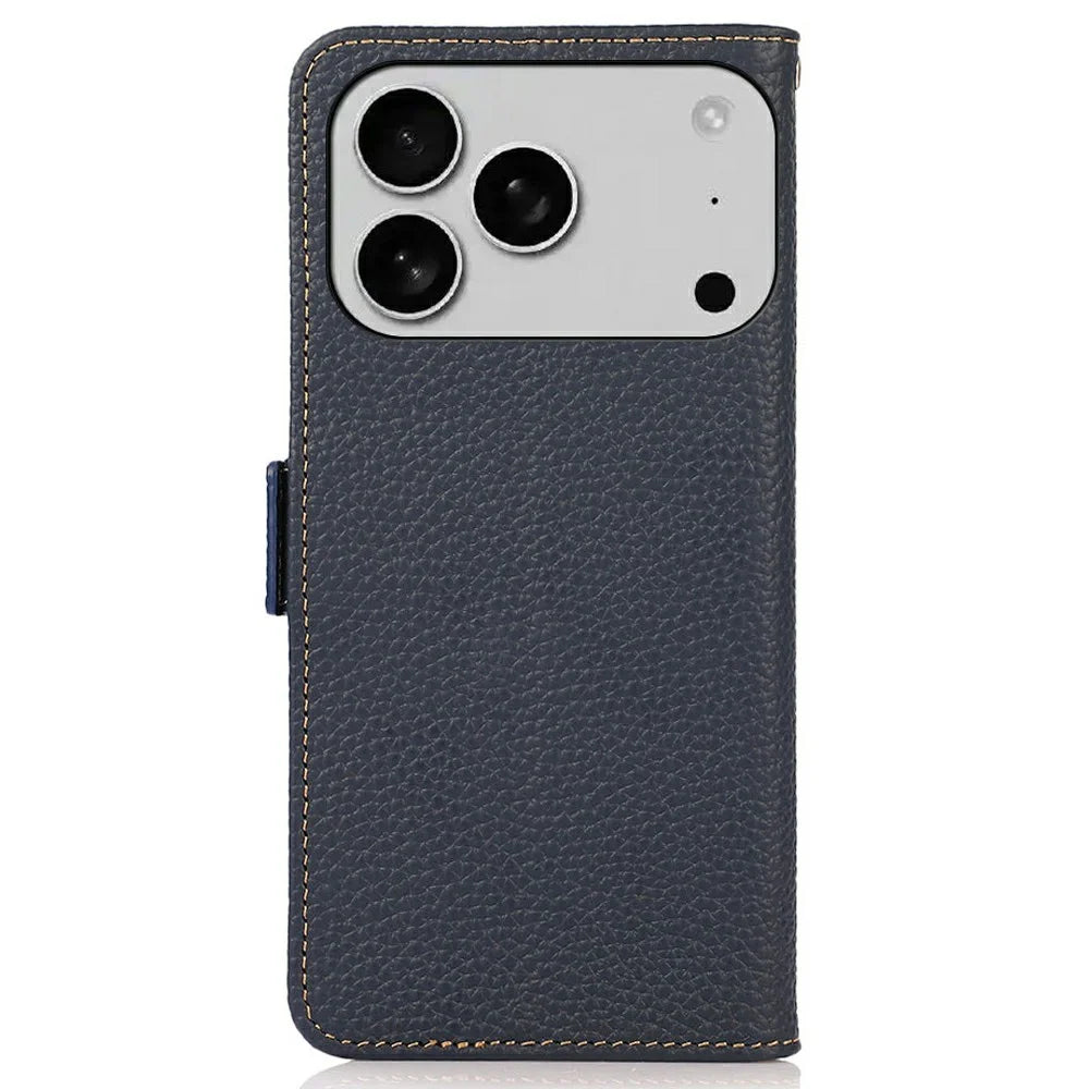 KHAZNEH for iPhone 18 Pro / 17 Pro Phone Case RFID Blocking Wallet Litchi Texture Genuine Cow Leather Cover - Blue - 7