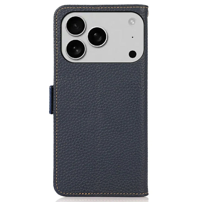 KHAZNEH for iPhone 18 Pro / 17 Pro Phone Case RFID Blocking Wallet Litchi Texture Genuine Cow Leather Cover - Blue - 7