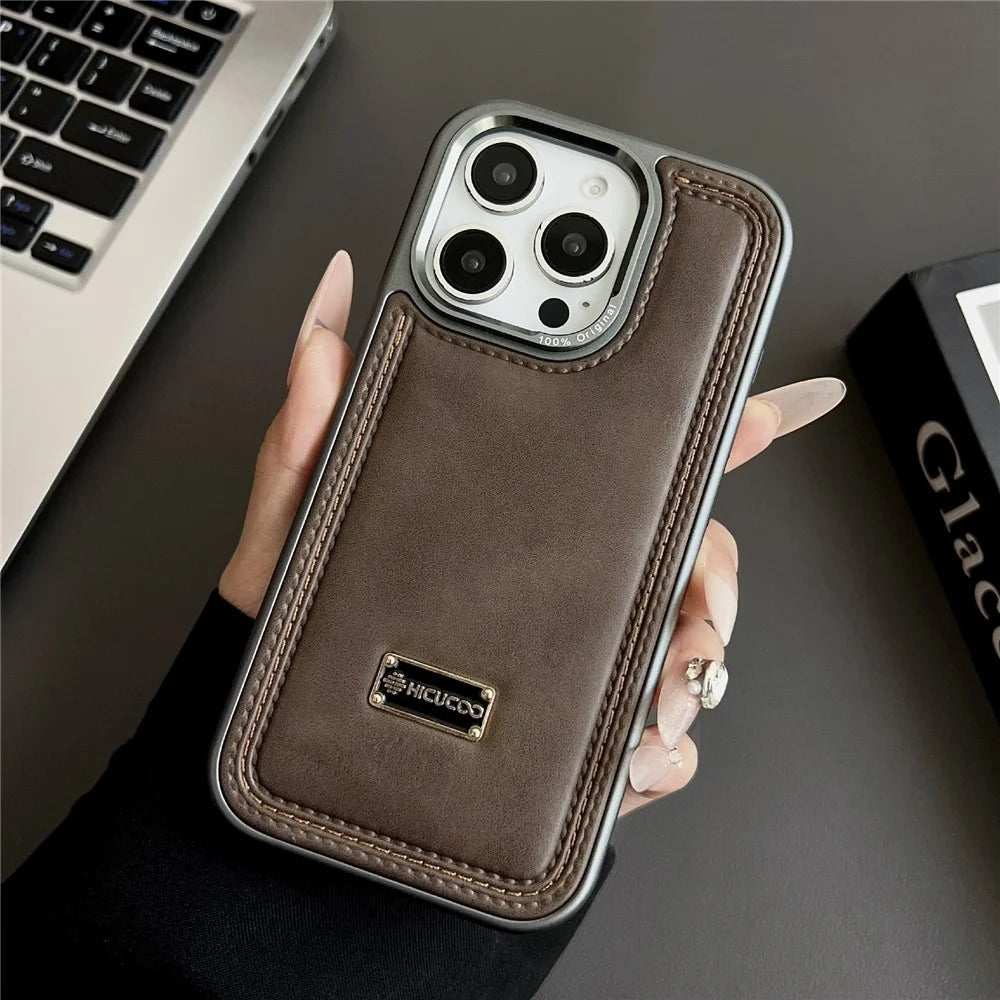 For iPhone 16 Pro Max Case PC + PU Leather Shockproof Phone Back Cover - Coffee - 1