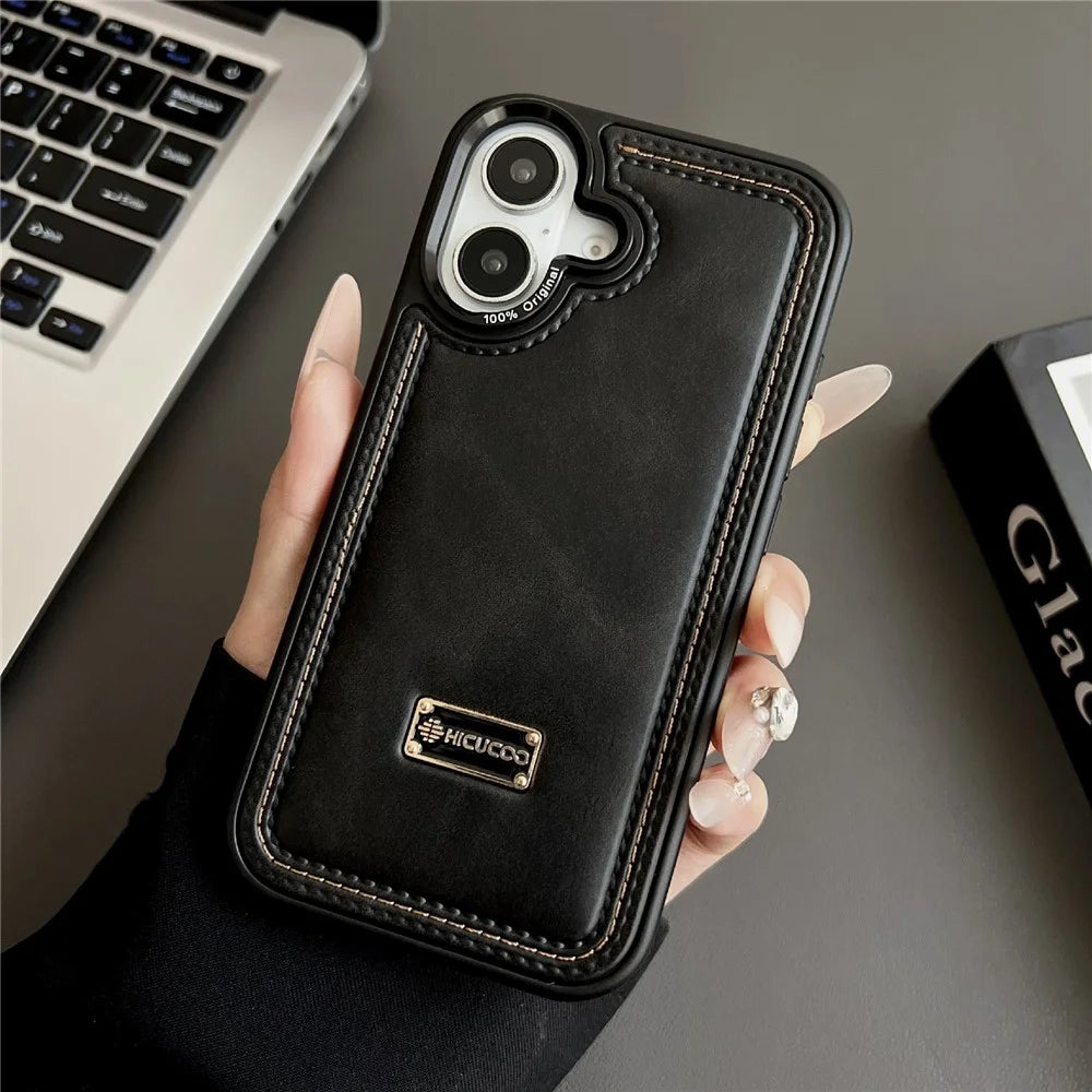 For iPhone 16 Case PC + PU Leather Shockproof Phone Back Cover - Black - 1