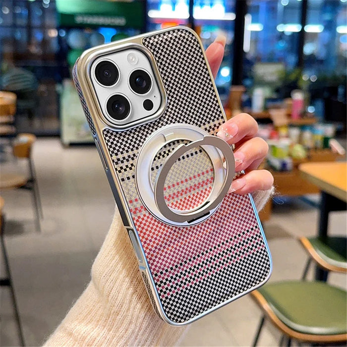 For iPhone 16 Pro Max Magnetic Case Kickstand Electroplated PC + PU Leather Phone Back Cover - Silver - 1