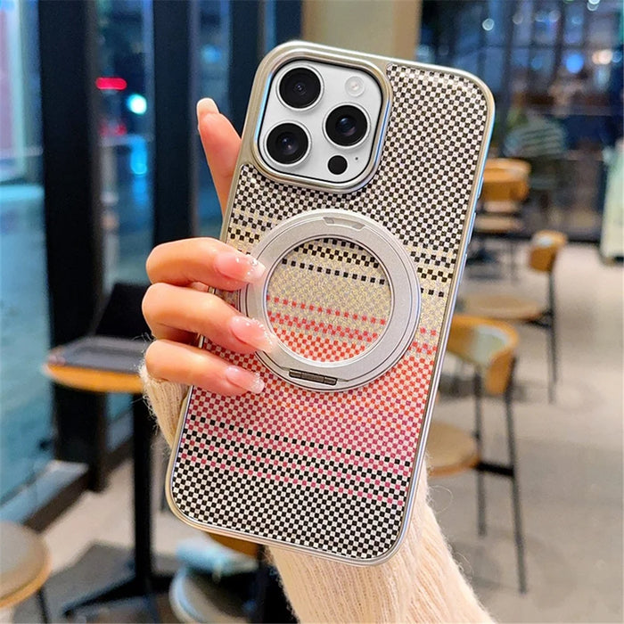 For iPhone 16 Pro Max Magnetic Case Kickstand Electroplated PC + PU Leather Phone Back Cover - Silver - 4