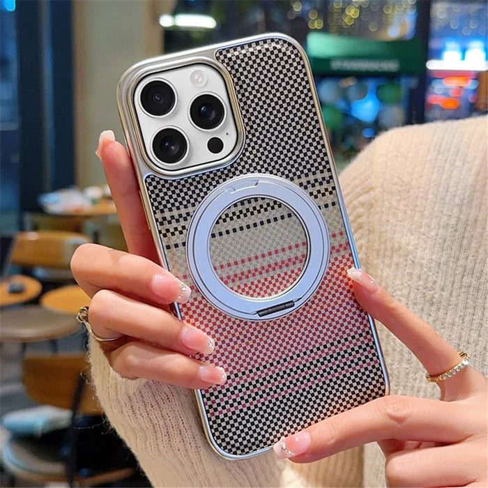 For iPhone 16 Pro Max Magnetic Case Kickstand Electroplated PC + PU Leather Phone Back Cover - Silver - 5