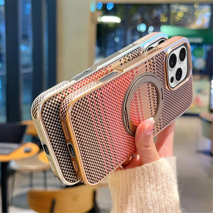 For iPhone 16 Pro Max Magnetic Case Kickstand Electroplated PC + PU Leather Phone Back Cover - Silver - 7