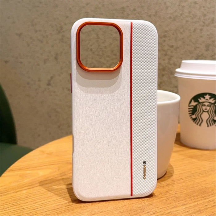 For iPhone 16 Pro Max Case Splicing PC + PU Leather Phone Back Cover with Metal Lens Ring  /  Buttons - White - 2