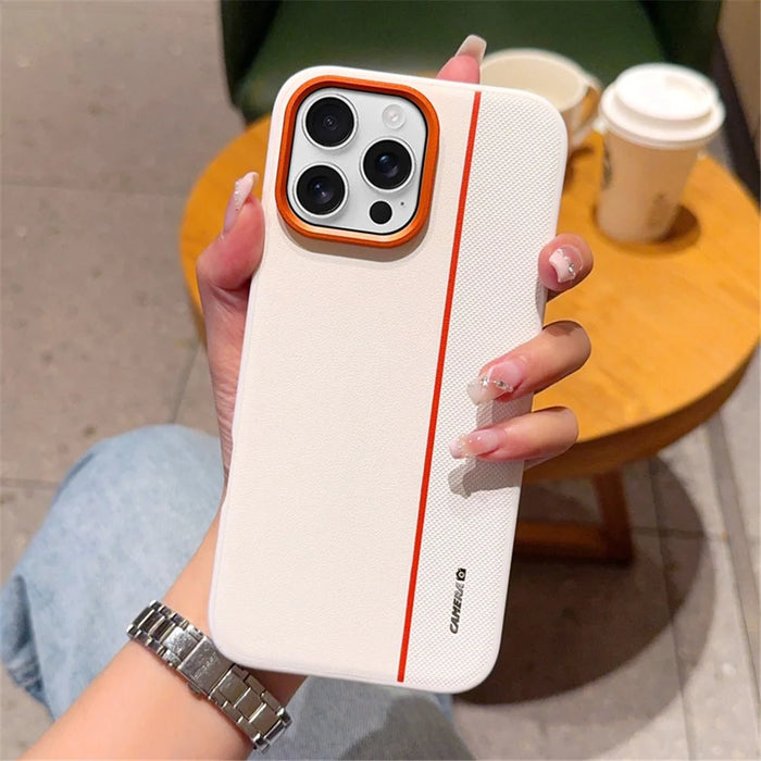 For iPhone 16 Pro Max Case Splicing PC + PU Leather Phone Back Cover with Metal Lens Ring  /  Buttons - White - 5