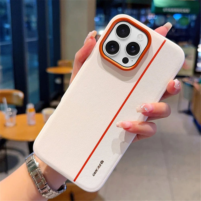For iPhone 16 Pro Max Case Splicing PC + PU Leather Phone Back Cover with Metal Lens Ring  /  Buttons - White - 7