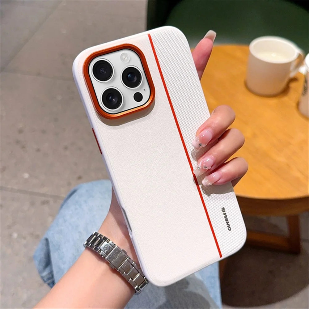 For iPhone 16 Pro Case Splicing PC + PU Leather Phone Back Cover with Metal Lens Ring  /  Buttons - White - 4