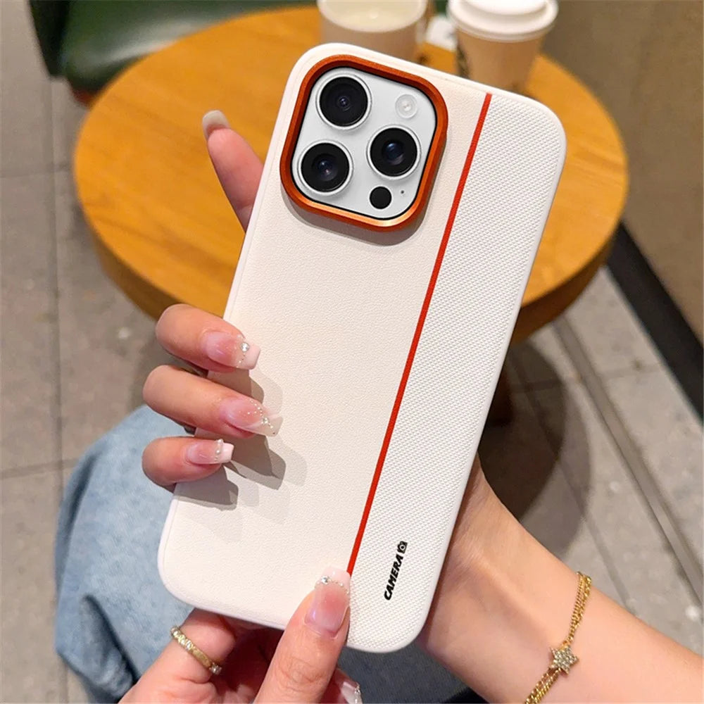 For iPhone 16 Pro Case Splicing PC + PU Leather Phone Back Cover with Metal Lens Ring  /  Buttons - White - 6