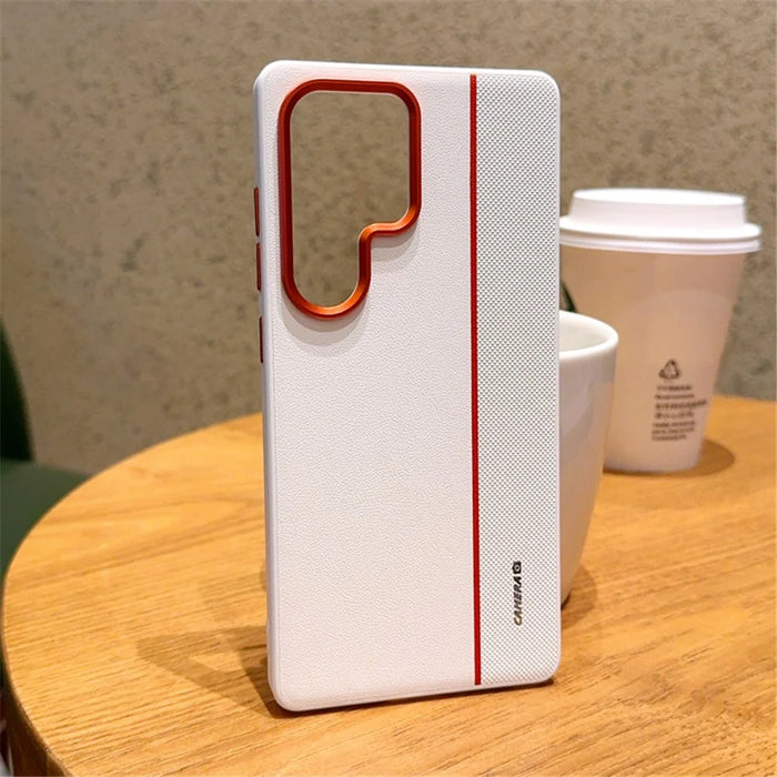 For Samsung Galaxy S25 Ultra Case Splicing PC + PU Leather Phone Back Cover with Metal Lens Ring  /  Buttons - White - 2