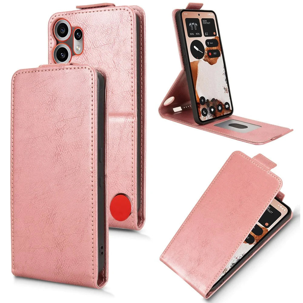 For Nothing CMF Phone 2 Pro Stand Case Magnetic Clasp Vertical Flip Leather Phone Cover with Card Holder - Rose Gold - 1