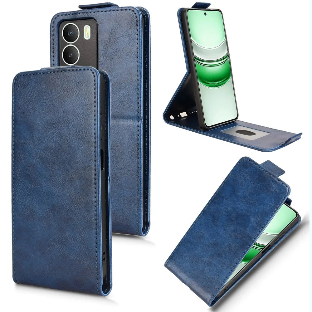 Stand Case For Realme 14x 5G  /  V70s 5G  /  V70 5G Magnetic Clasp Vertical Flip Leather Phone Cover with Card Holder - Dark Blue - 1