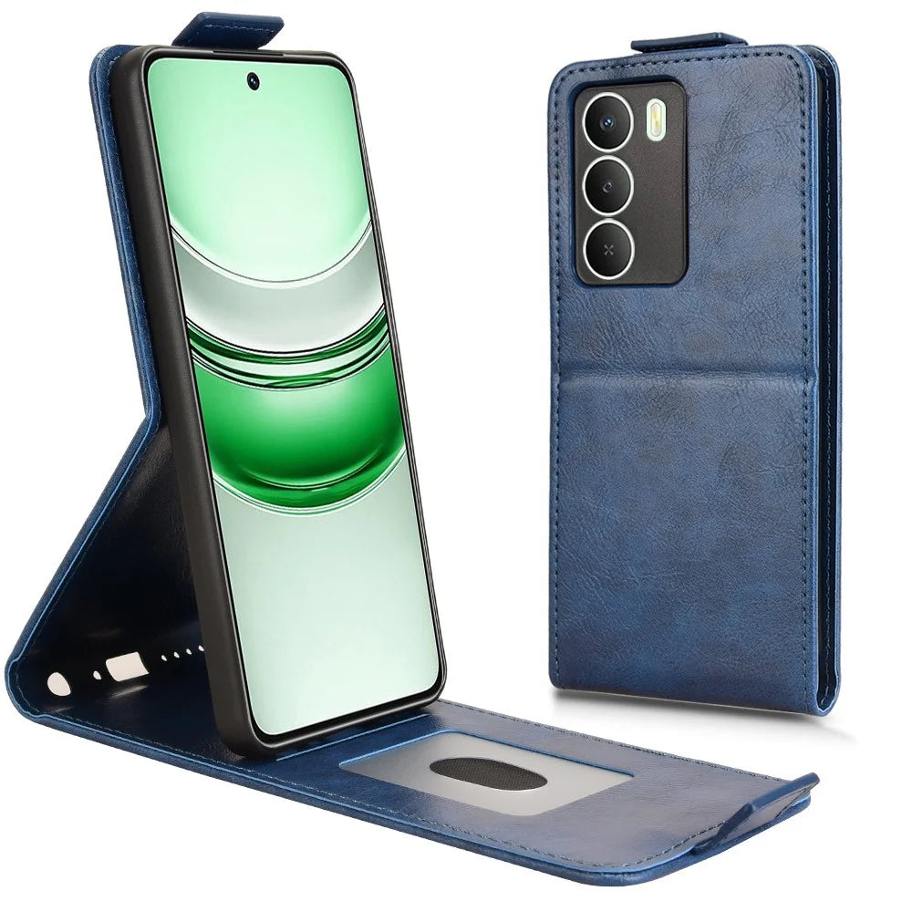 Stand Case For Realme 14x 5G  /  V70s 5G  /  V70 5G Magnetic Clasp Vertical Flip Leather Phone Cover with Card Holder - Dark Blue - 2