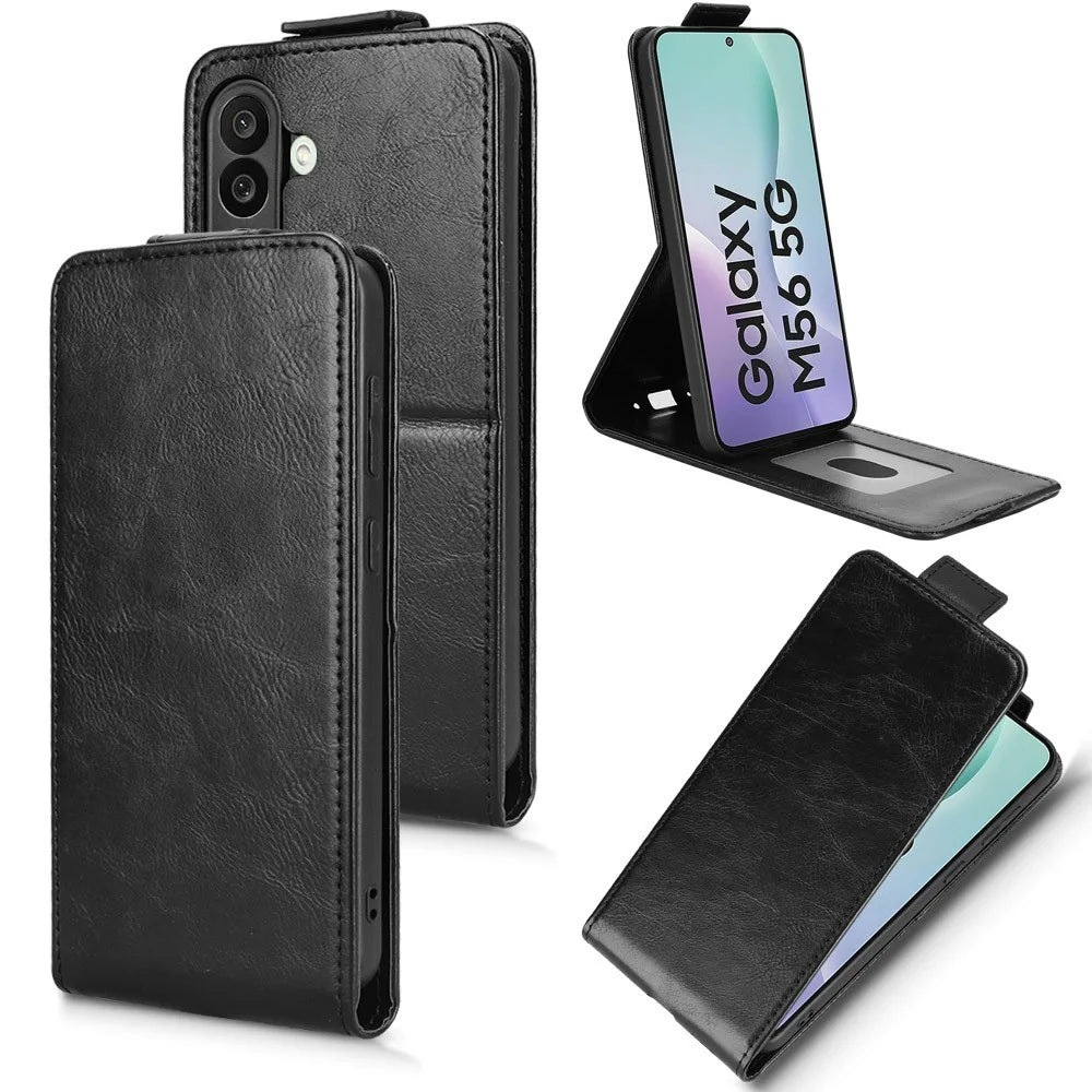 For Samsung Galaxy M56 5G Stand Case Magnetic Clasp Vertical Flip Leather Phone Cover with Card Holder - Black - 1