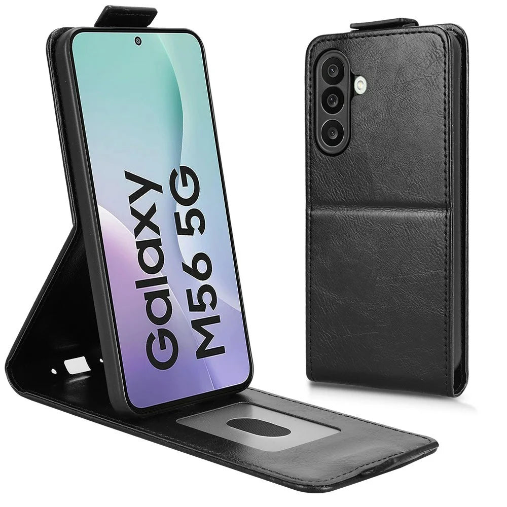 For Samsung Galaxy M56 5G Stand Case Magnetic Clasp Vertical Flip Leather Phone Cover with Card Holder - Black - 2