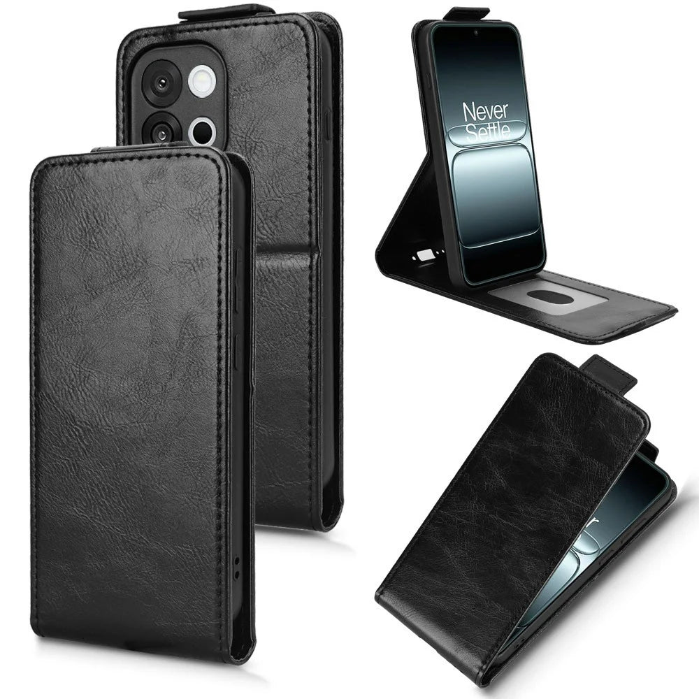 For OnePlus 13T 5G Stand Case Magnetic Clasp Vertical Flip Leather Phone Cover with Card Holder - Black - 1